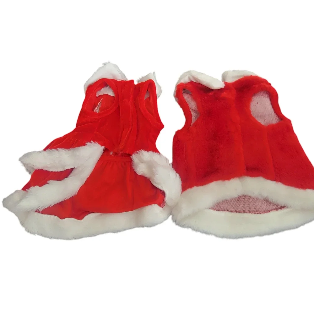 2‎ Santa Christmas Dog Coat Dress Red White Winter Velvet Faux Fur Size Small